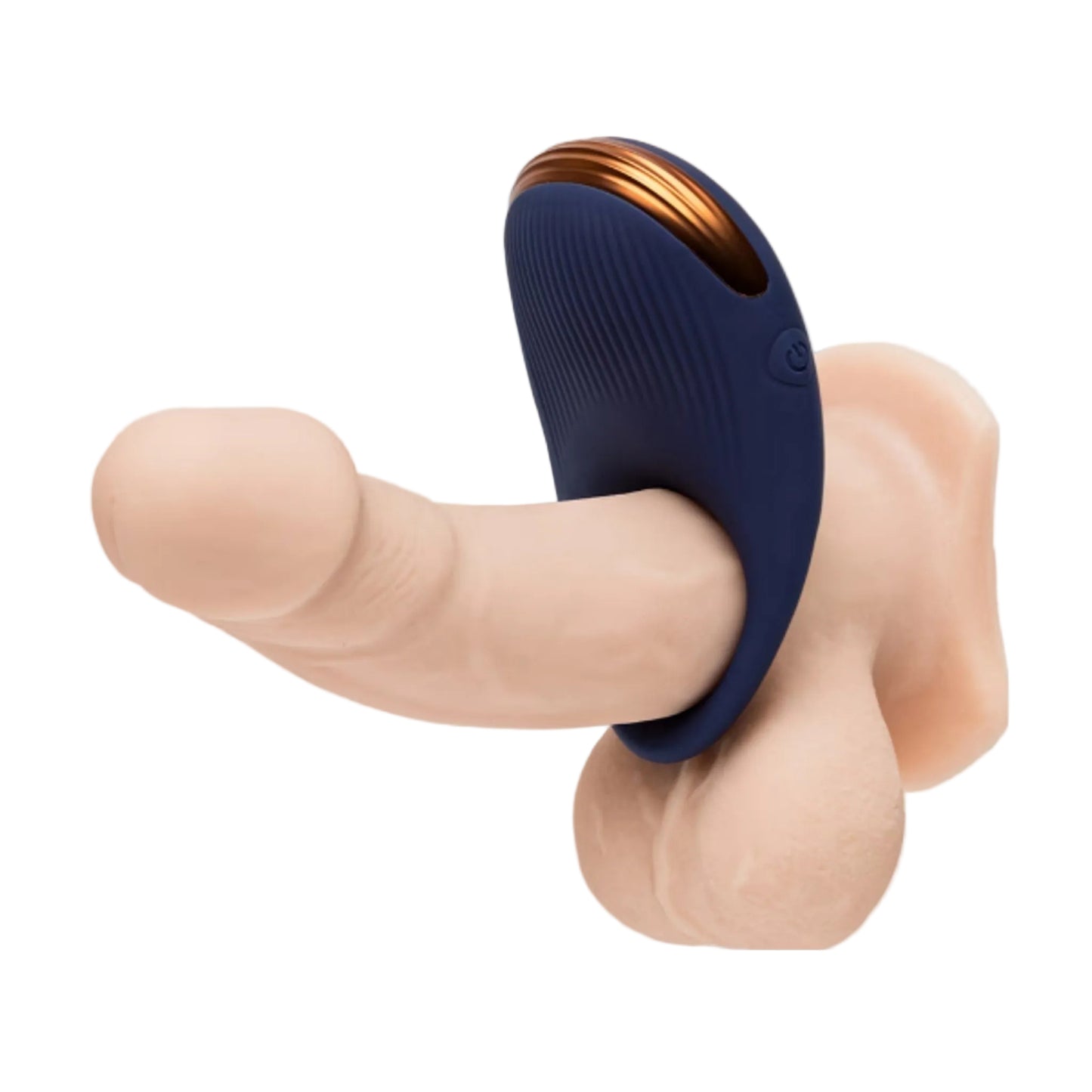 Vibrating cock ring shown worn on a demonstration model