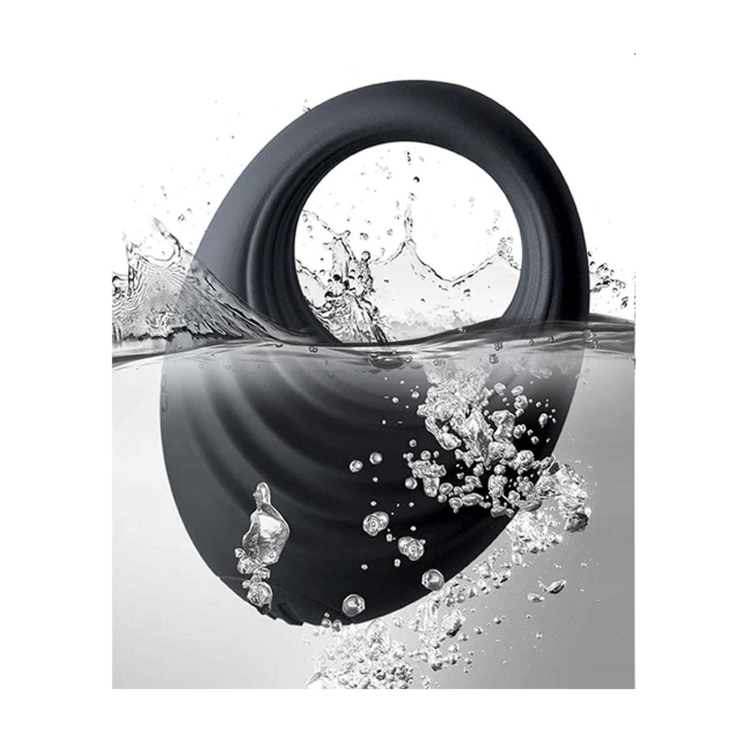 Vibrating cock ring partially submerged in water to show waterproof design