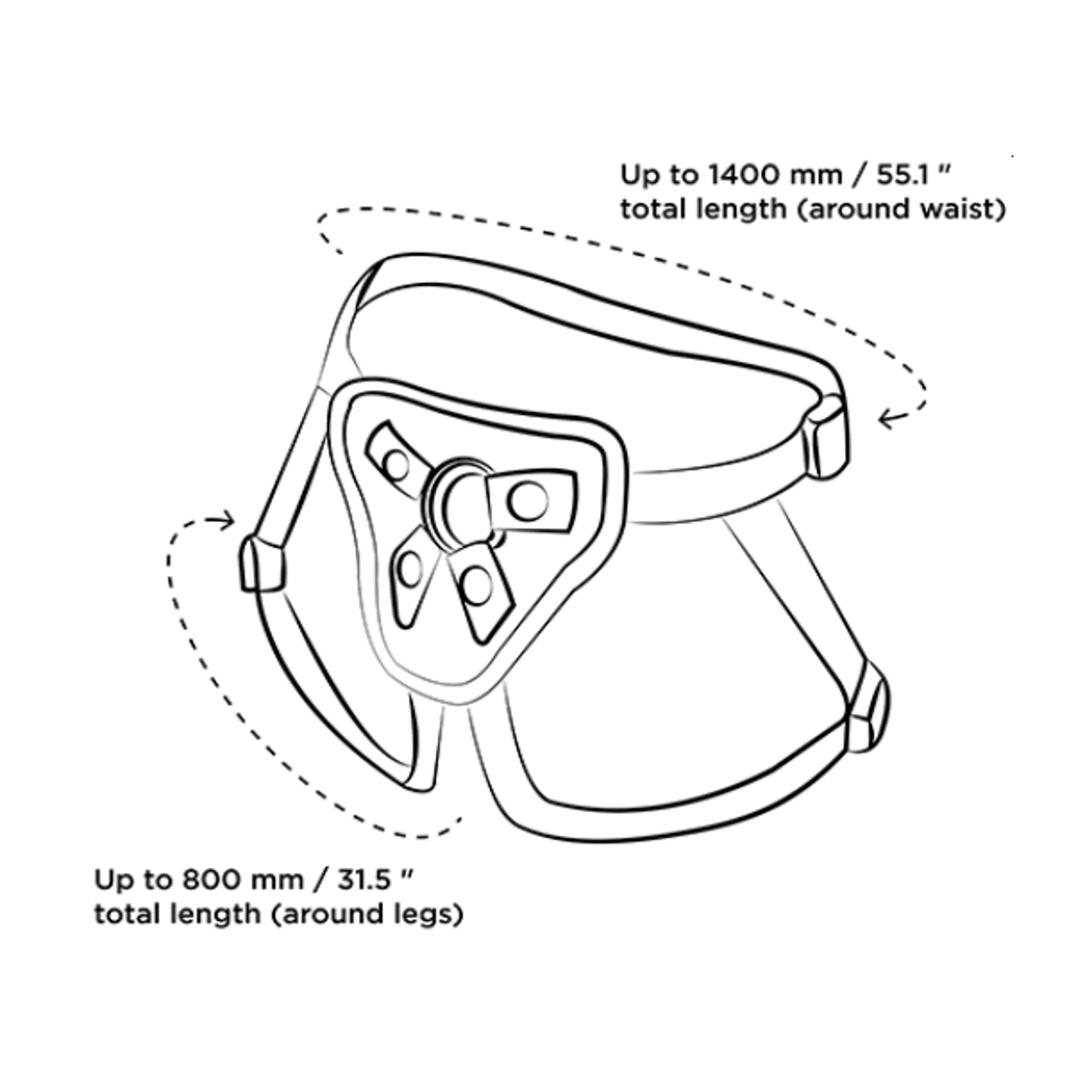 Line drawing of harness with waist and leg measurements