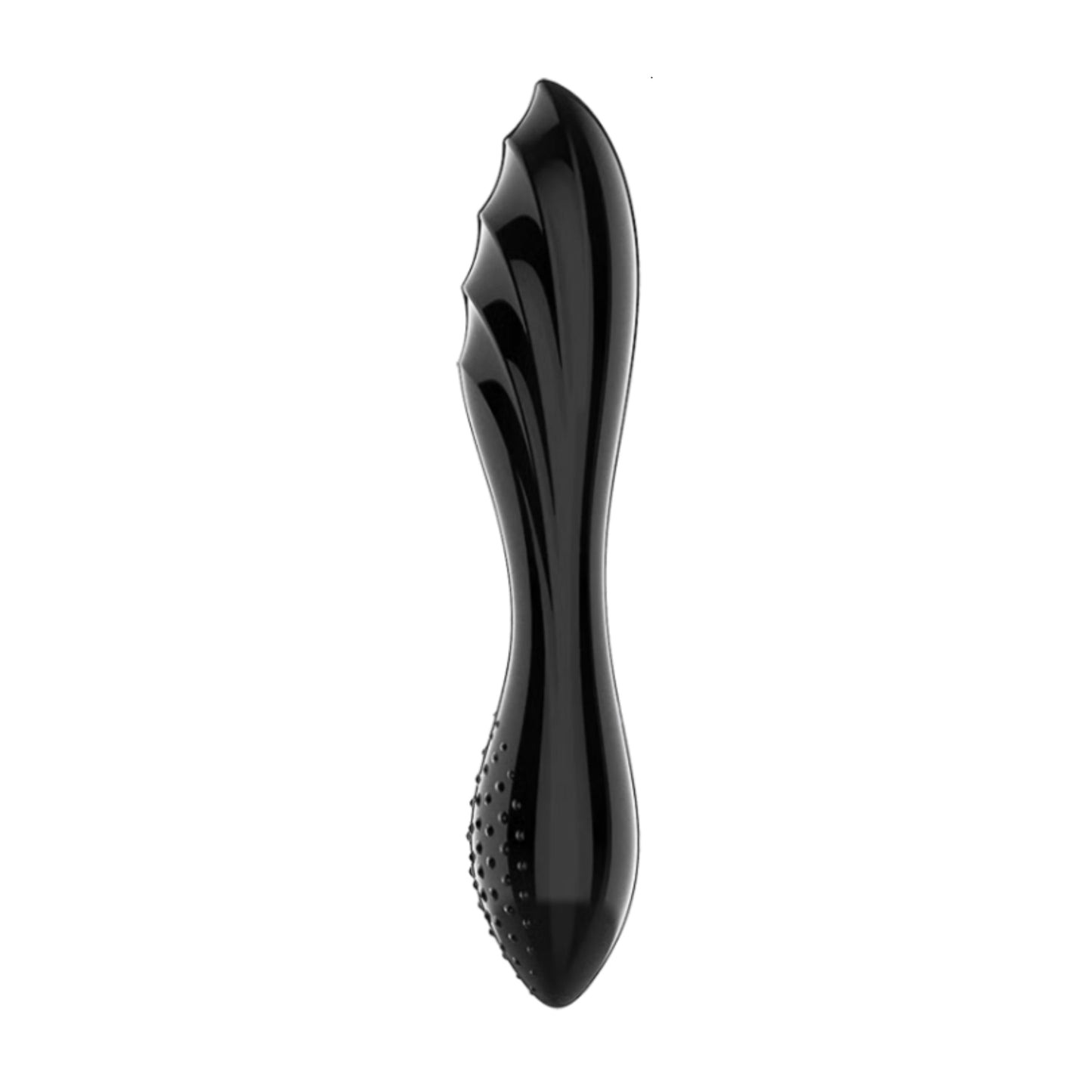 Black glass dildo with curved double-ended design on white background