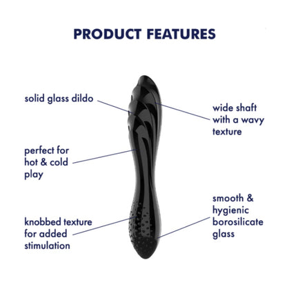 Product feature diagram highlighting solid glass and textured shaft design