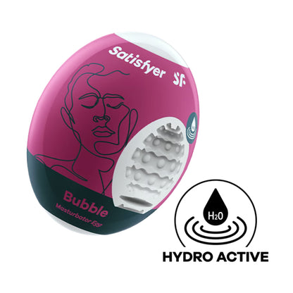 Angled view of Bubble masturbator egg packaging with hydro-active icon