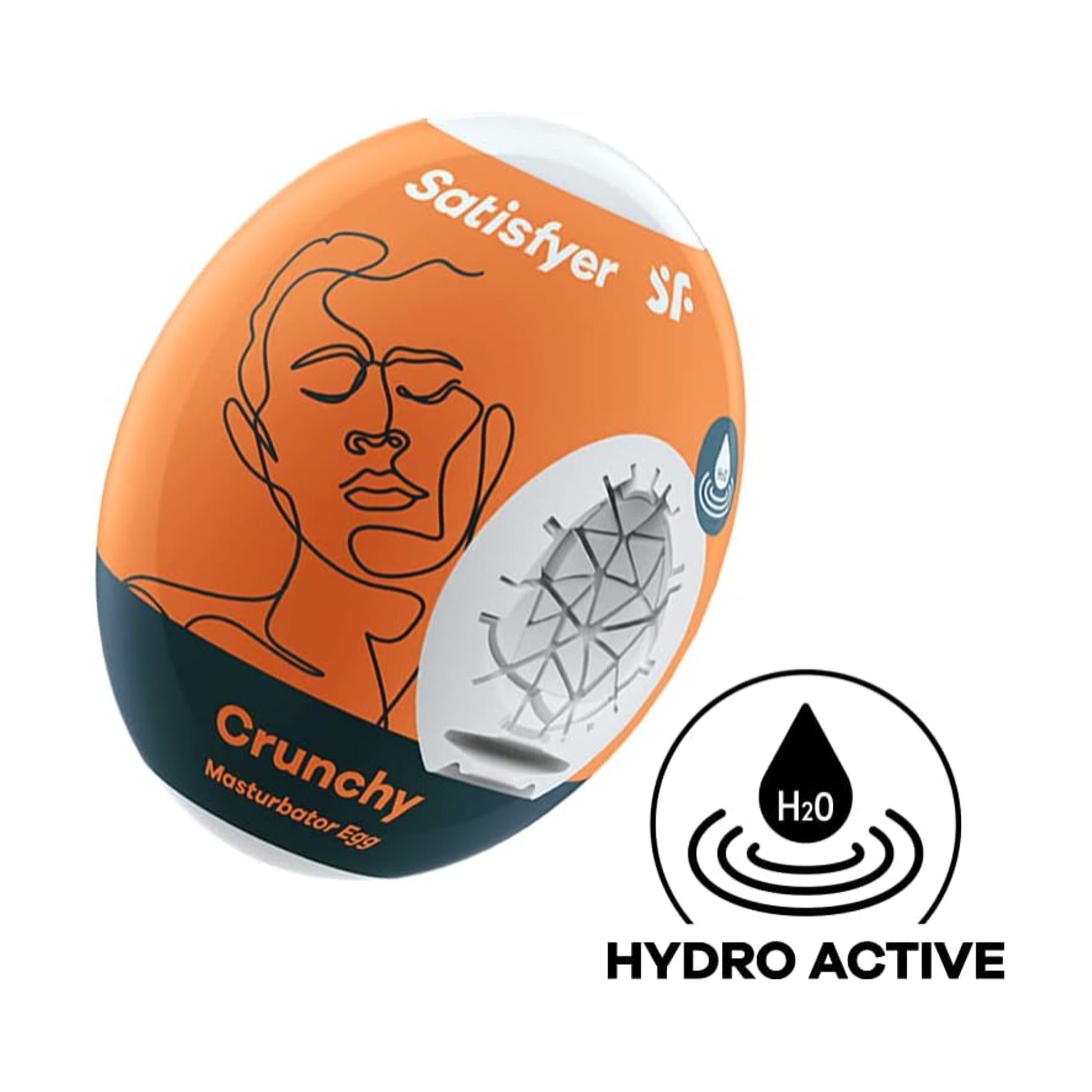 Angled view of Crunchy masturbator egg packaging with hydro-active icon