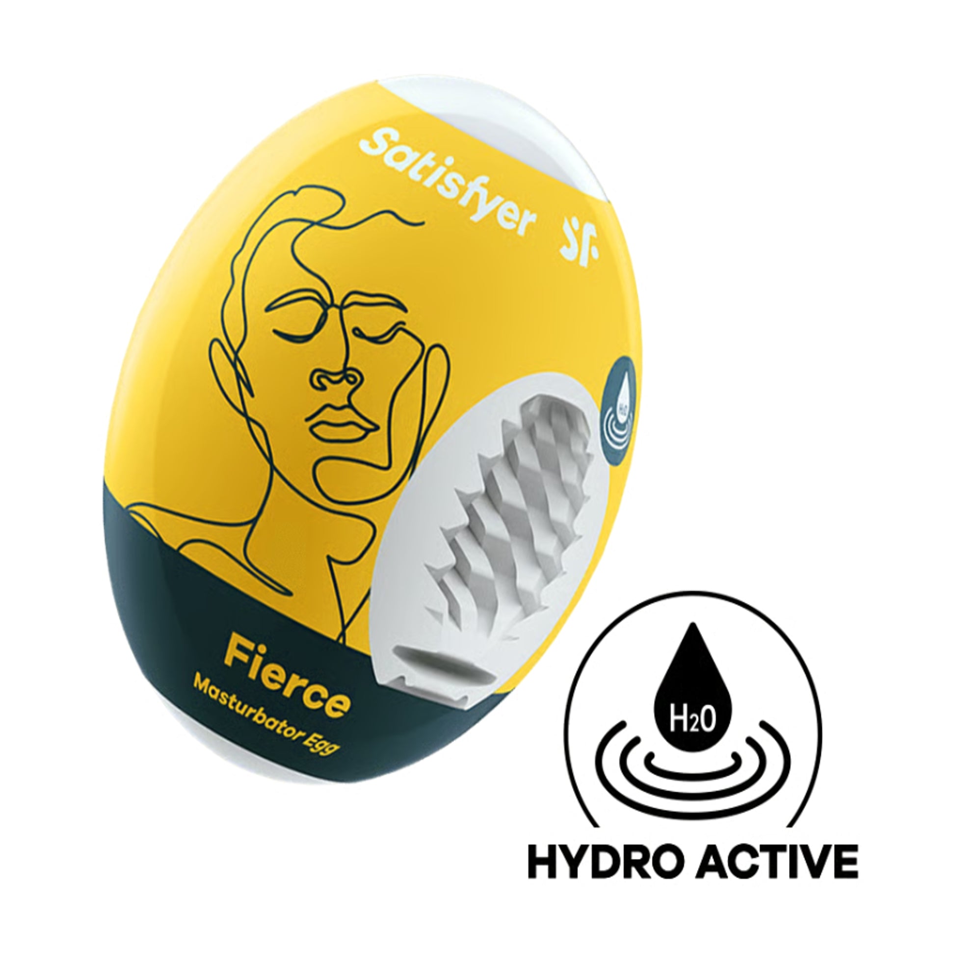 Angled view of Fierce masturbator egg packaging with hydro-active icon