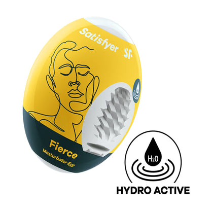 Angled view of Fierce masturbator egg packaging with hydro-active icon