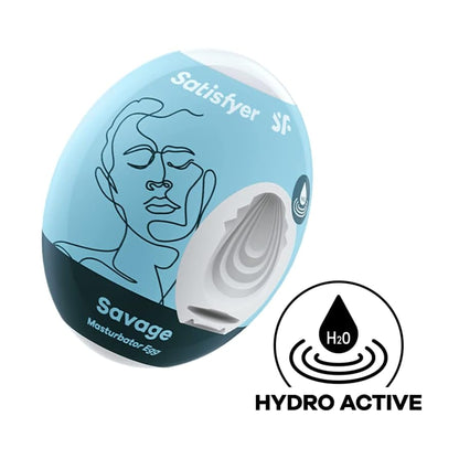 Angled view of Savage masturbator egg packaging with hydro-active icon