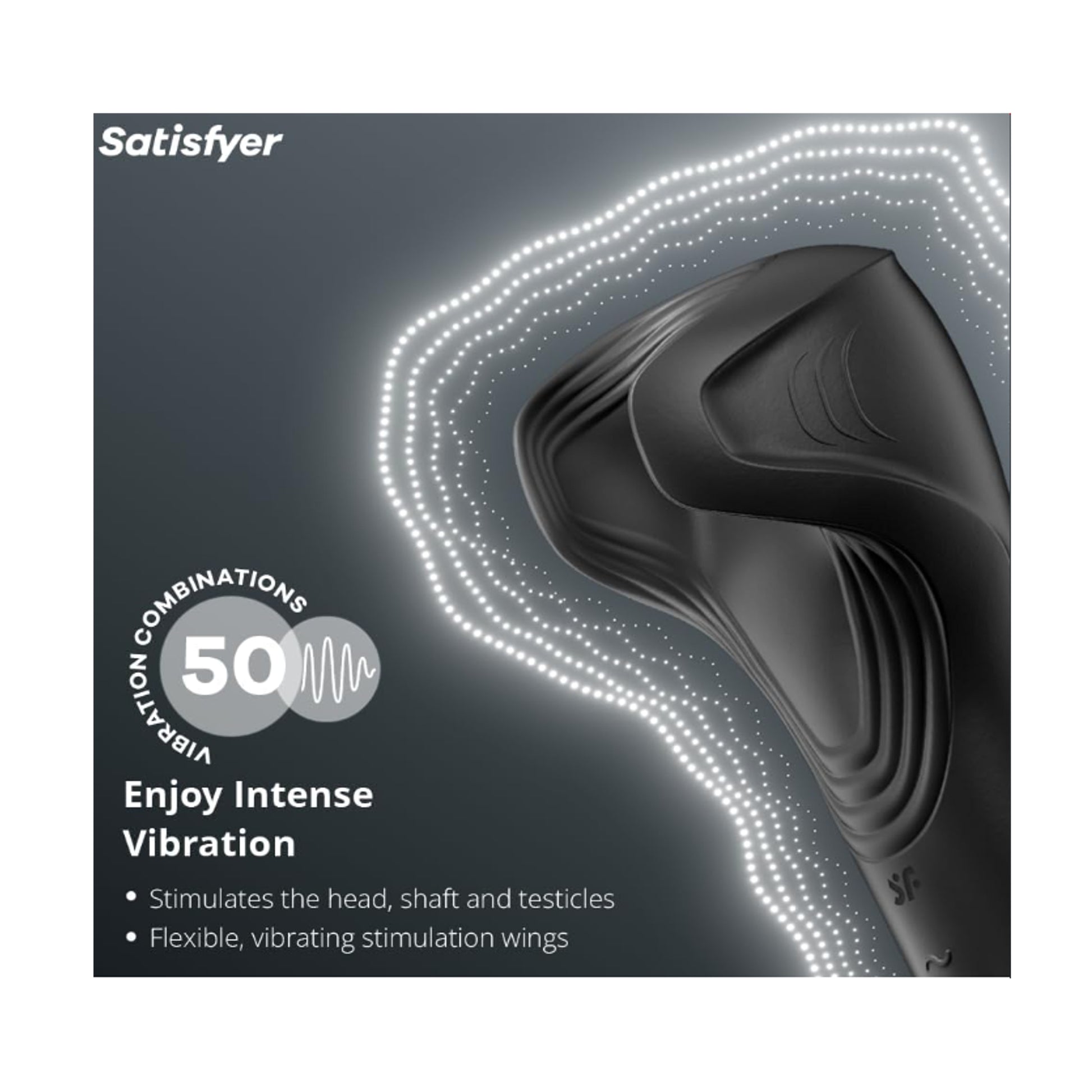 Close view of vibrating stimulation wings with vibration graphic