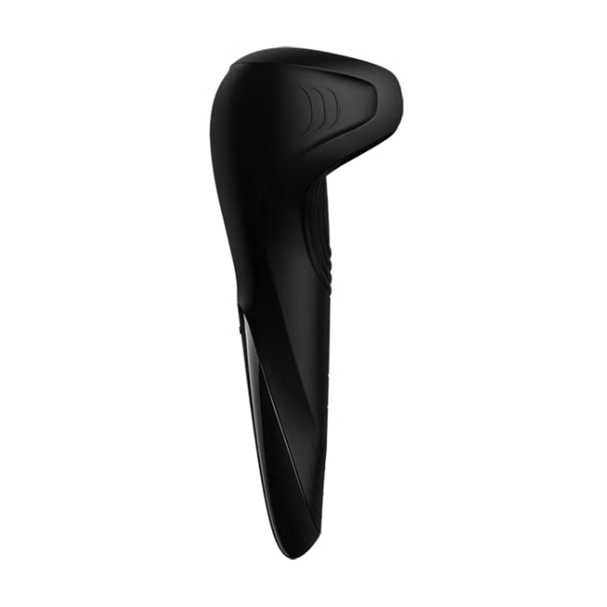 Side profile of masturbator showing textured internal channel