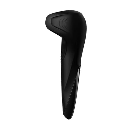 Angled side view of masturbator with ergonomic shape visible