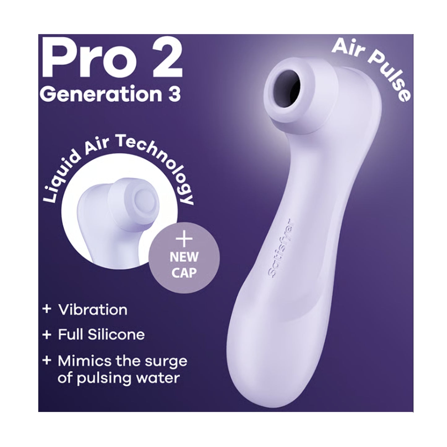 Promotional image showing Satisfyer Pro 2 Gen 3 Purple features 