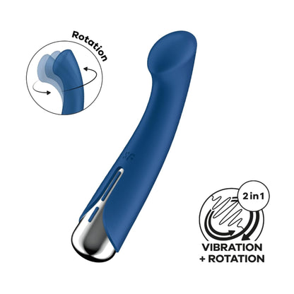 Blue rotating G-spot vibrator angled view showing rotating tip