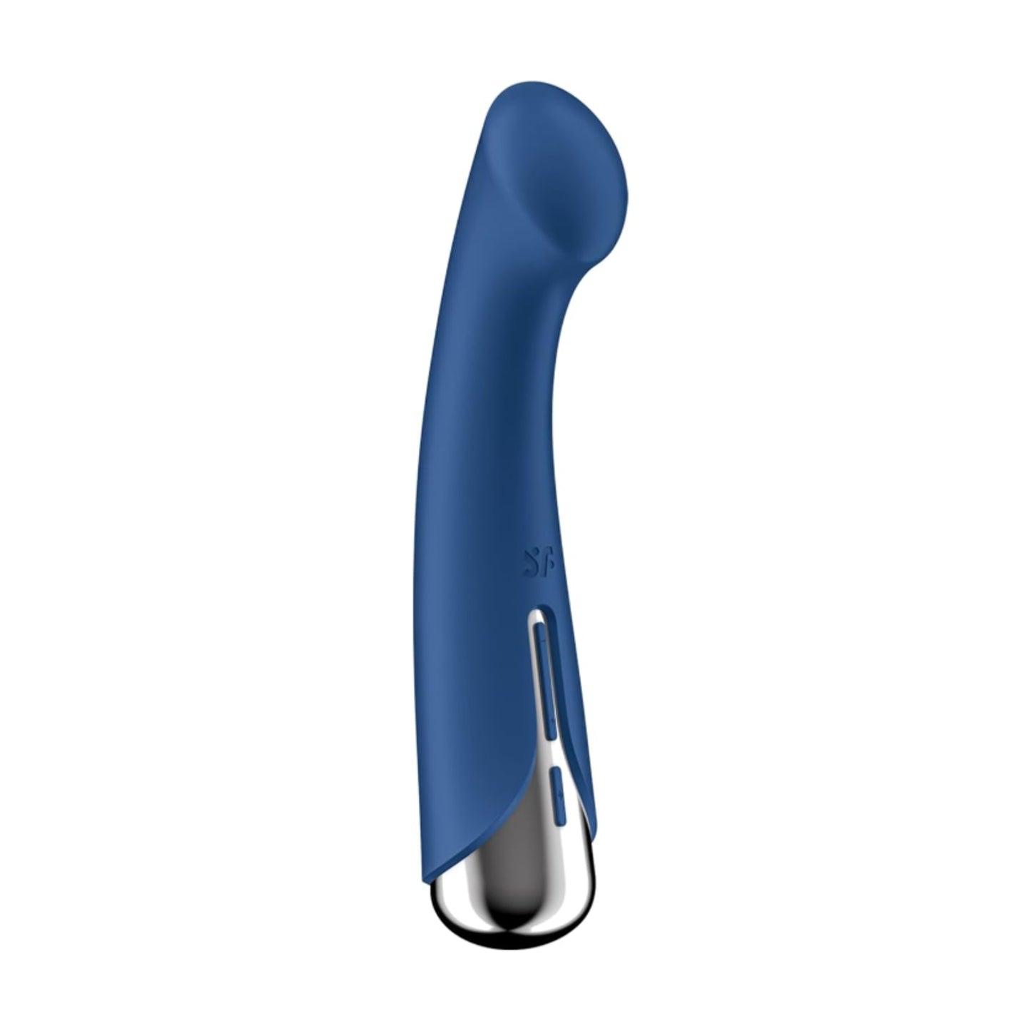 Angled side view of blue vibrator showing curved body shape
