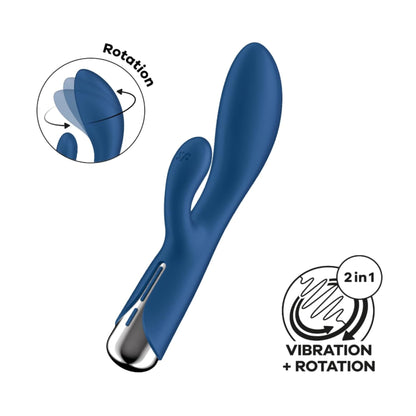 Blue rotating rabbit vibrator angled view showing dual stimulation design