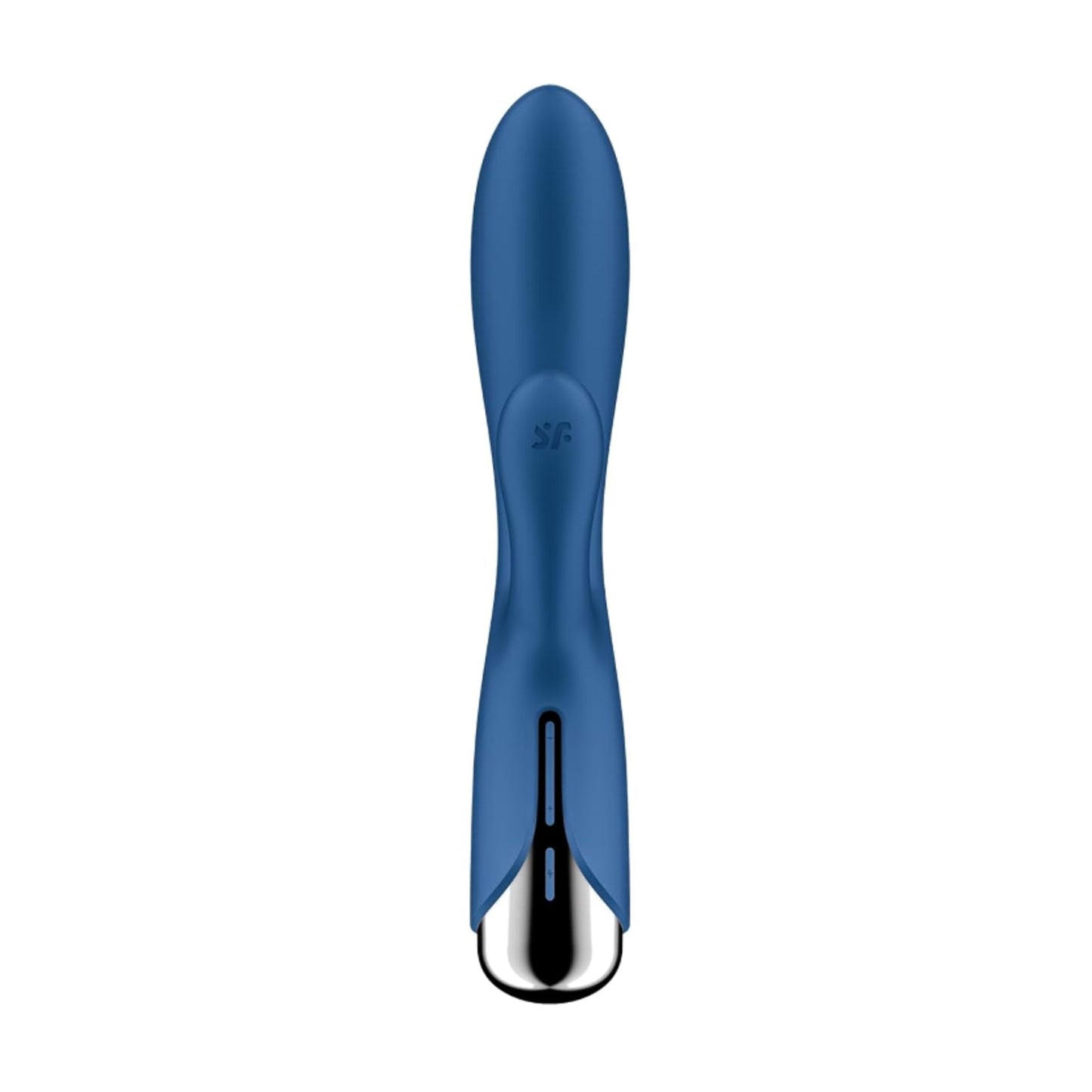 Front view of blue rotating rabbit vibrator with control buttons