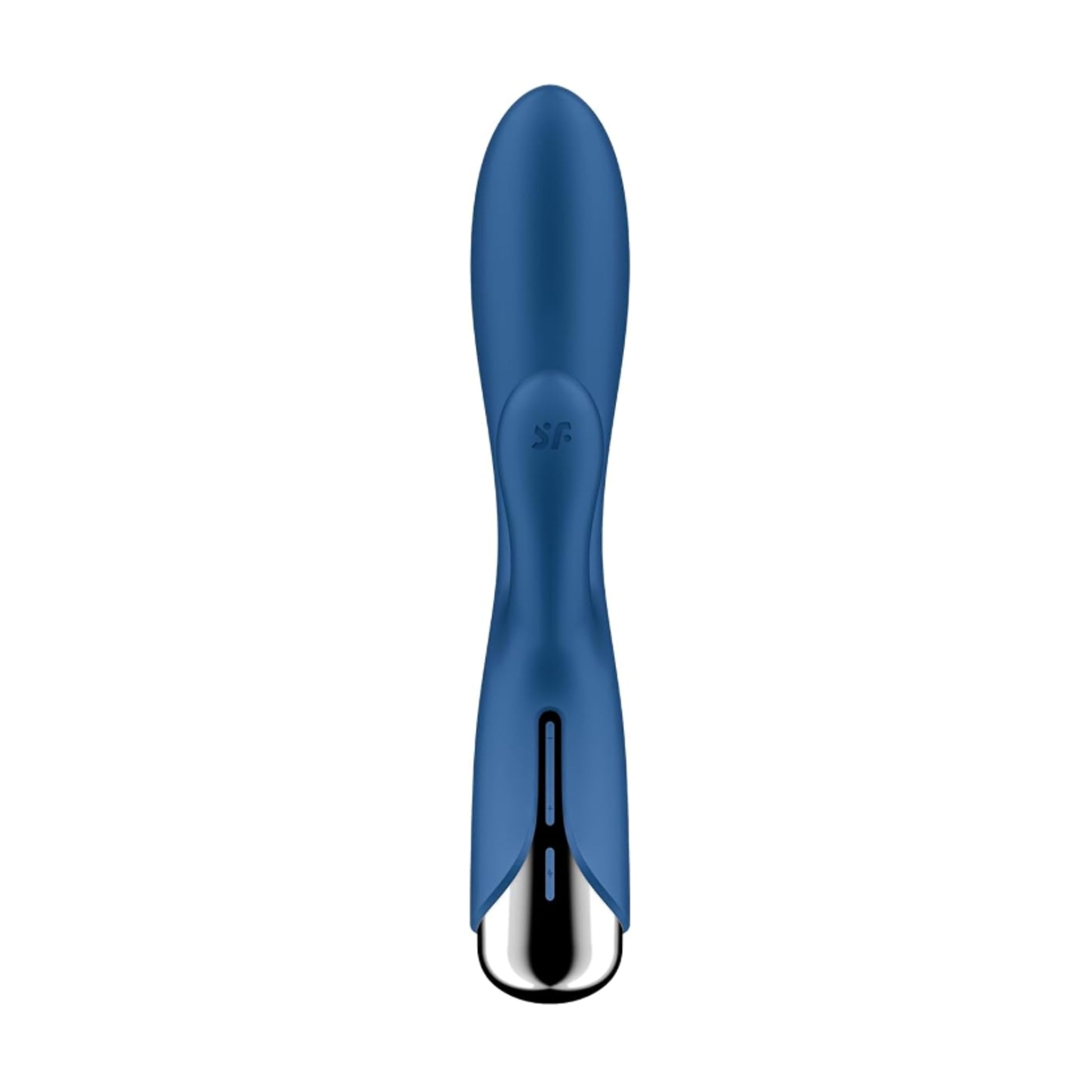 Front view of blue rotating rabbit vibrator with control buttons