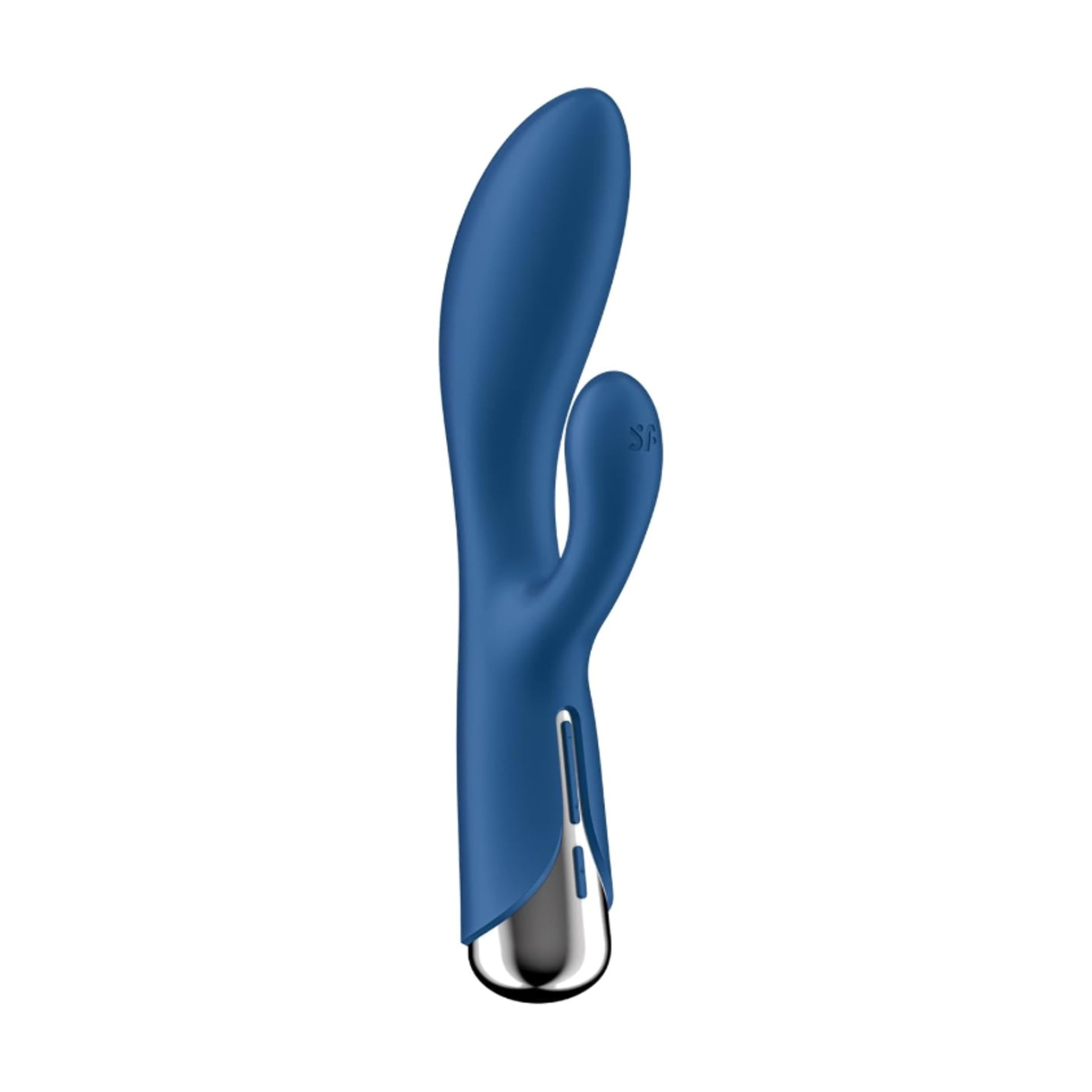 Angled side view of blue rabbit vibrator showing body shape