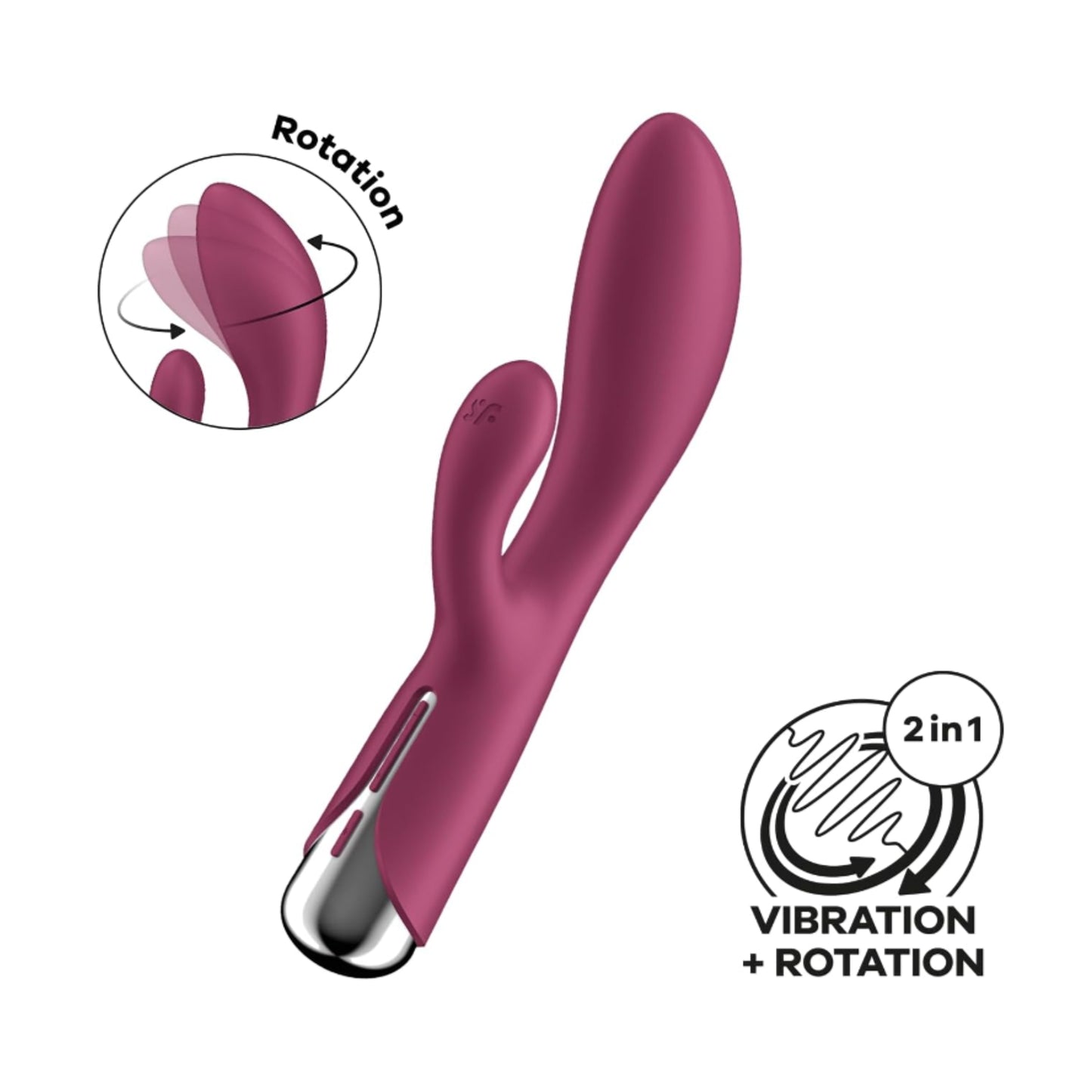 Red rotating rabbit vibrator angled view showing dual stimulation design