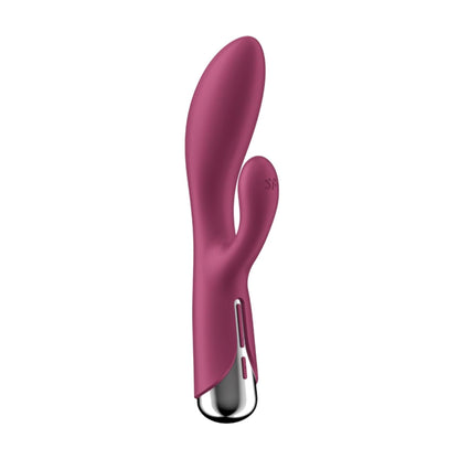 Angled side view of red rabbit vibrator showing body shape