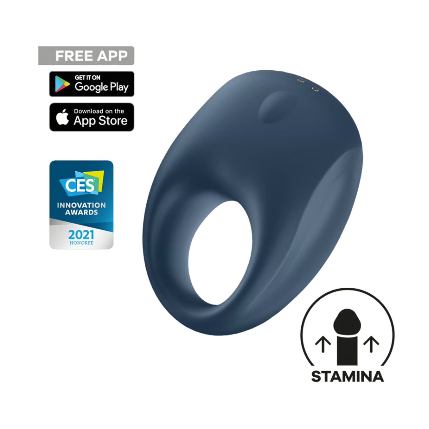 Close view of cock ring with app icons and stamina graphic