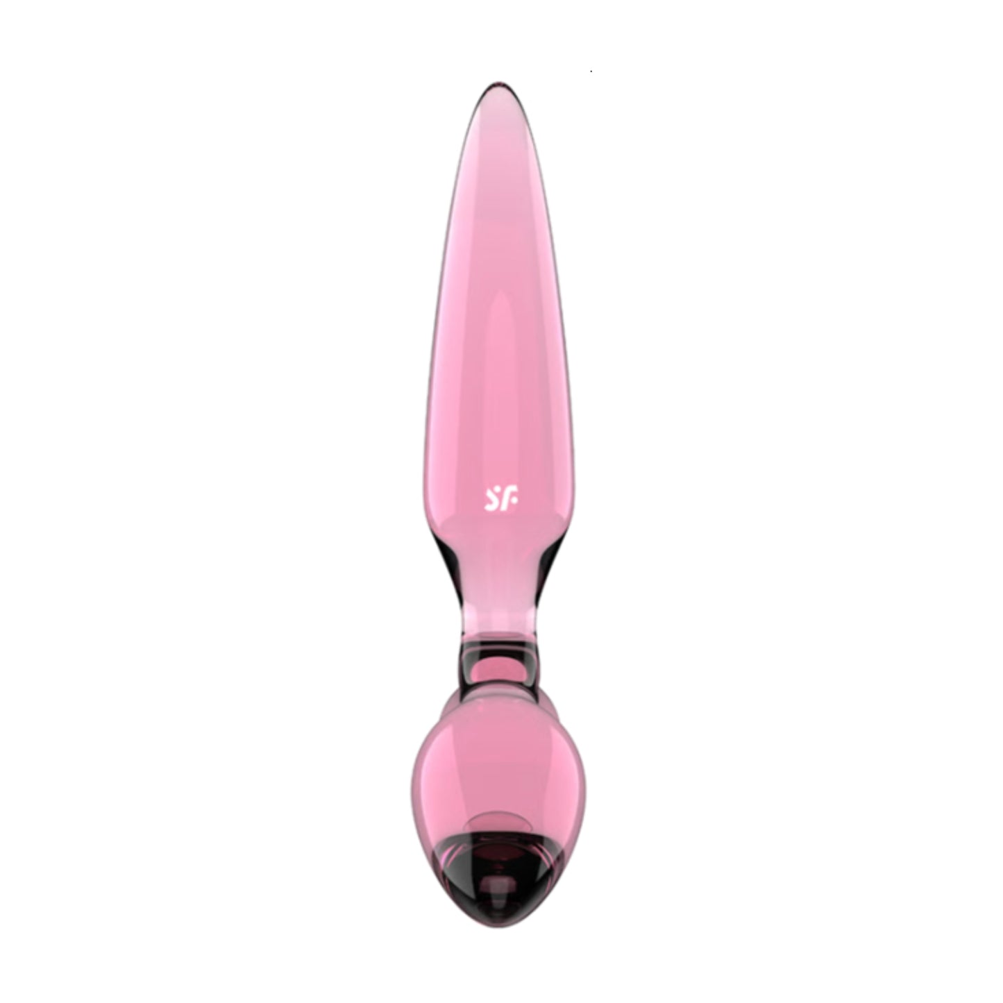 Front view of pink glass dildo showing tapered shaft