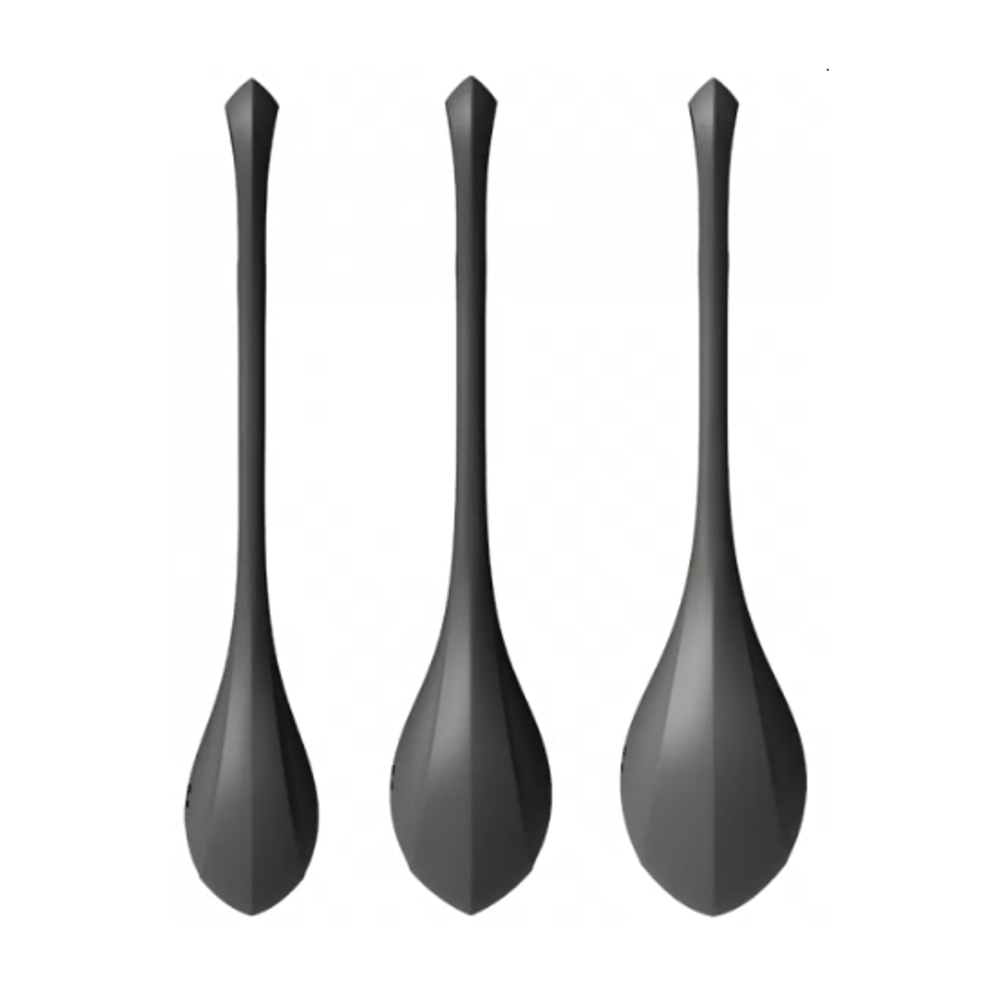 Three black weighted kegel balls in graduated sizes
