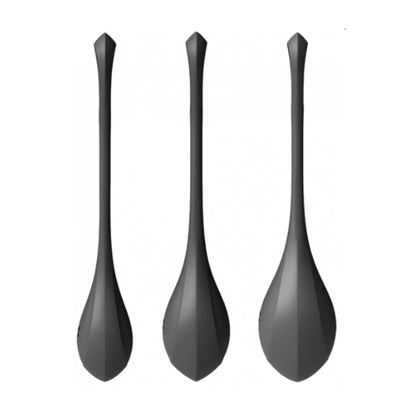 Three black weighted kegel balls in graduated sizes