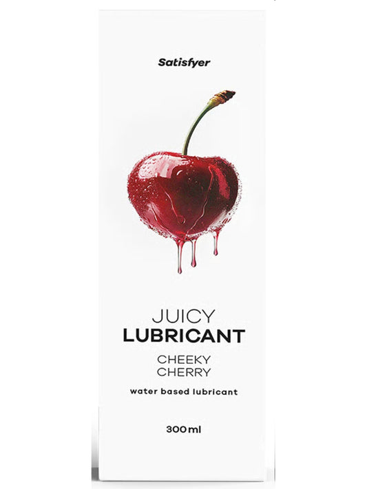 Satisfyer Juicy Cheeky Cherry Lube in Retail Packaging on a White Background