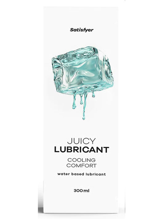 Satisfyer Juicy Lubricant packaging with ice cube design on a white background