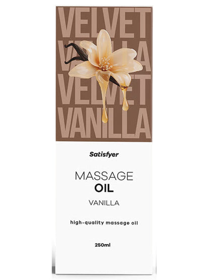 Satisfyer Velvet Vanilla massage oil packaging with floral design on a white background