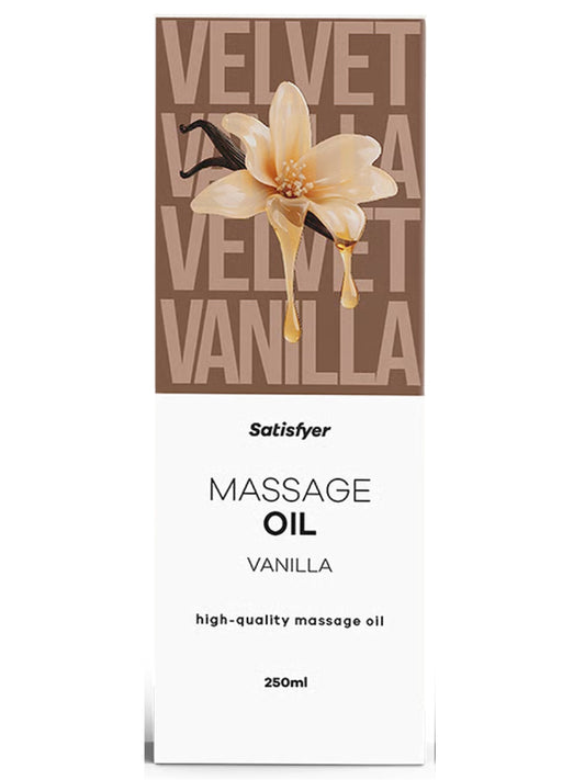 Satisfyer Velvet Vanilla massage oil packaging with floral design on a white background