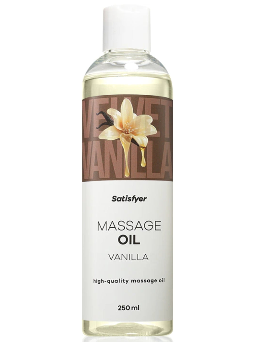 Bottle of Satisfyer Vanilla massage oil on a white background