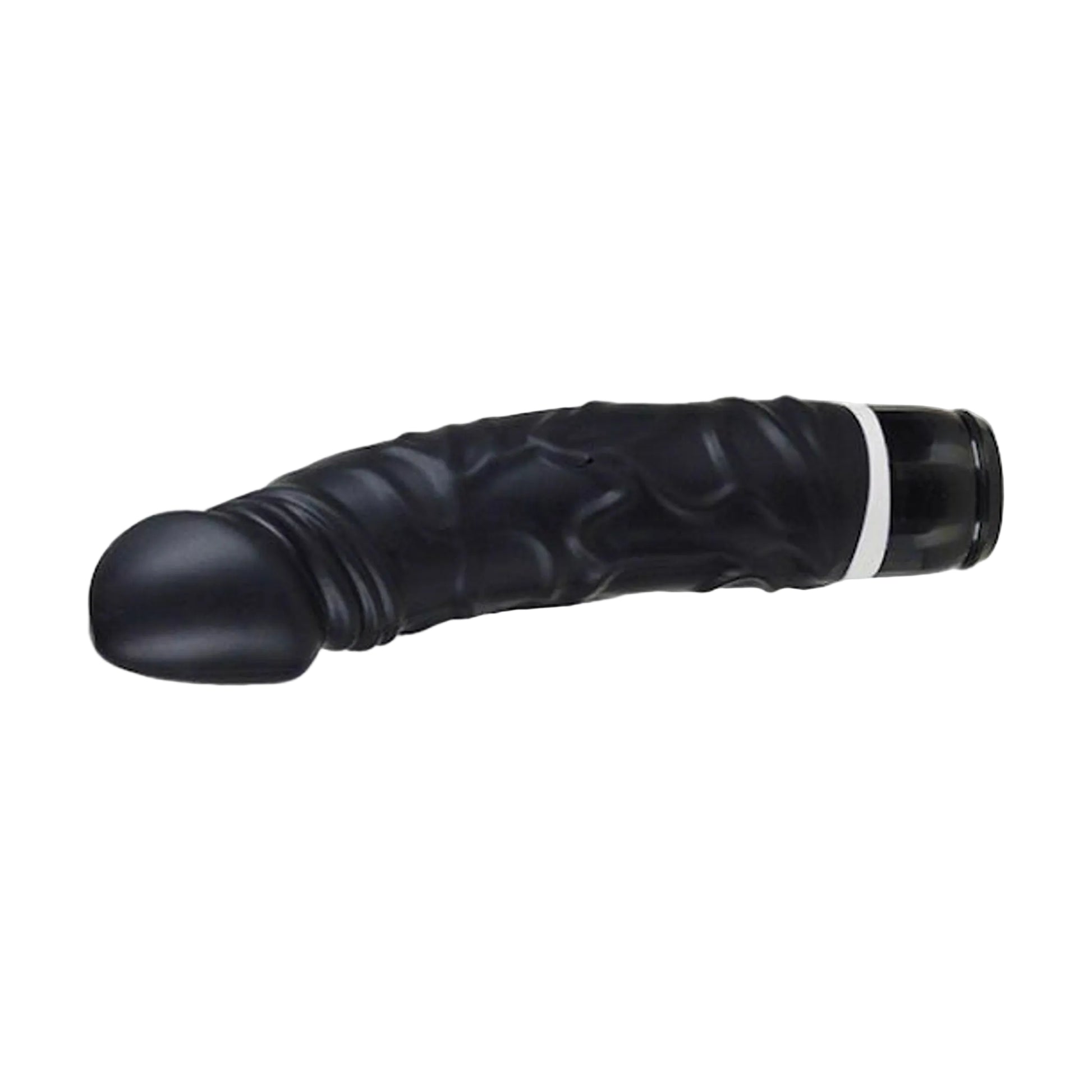Horizontal side view of black silicone vibrator