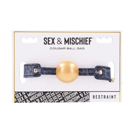 Sex & Mischief Cougar Solid Ball Gag Gold retail packaging