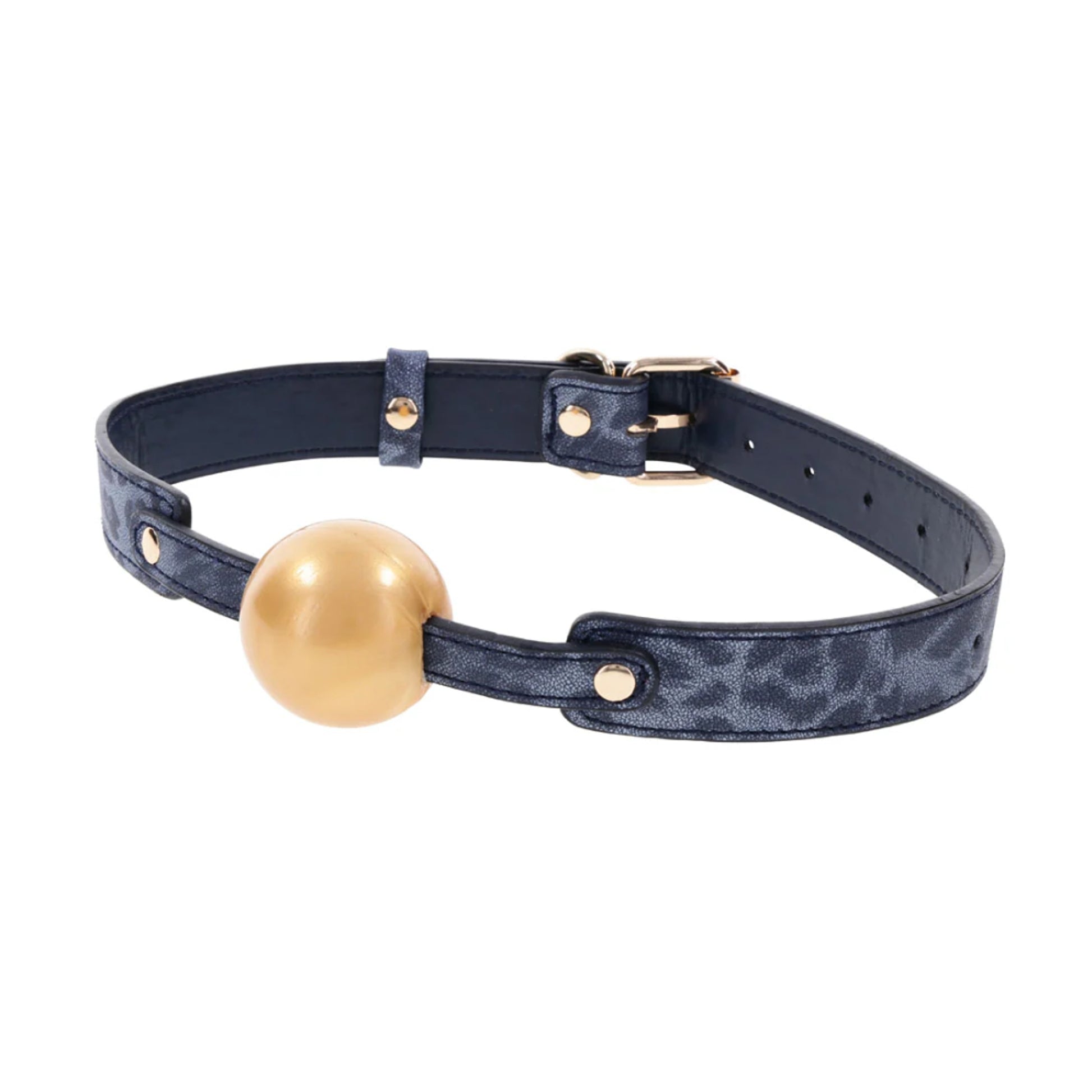 Left hand view showing adjustable strap and gold ball gag
