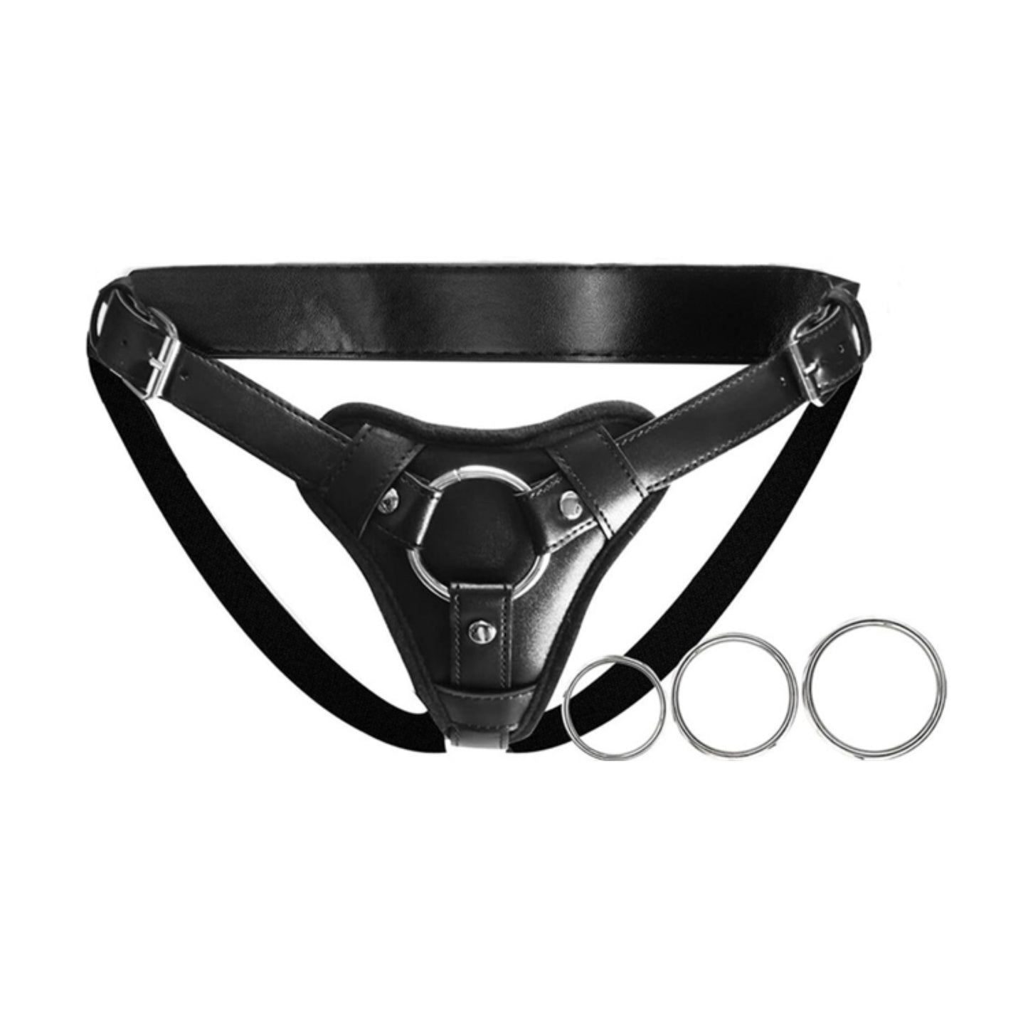 Harness displayed with three detachable metal rings