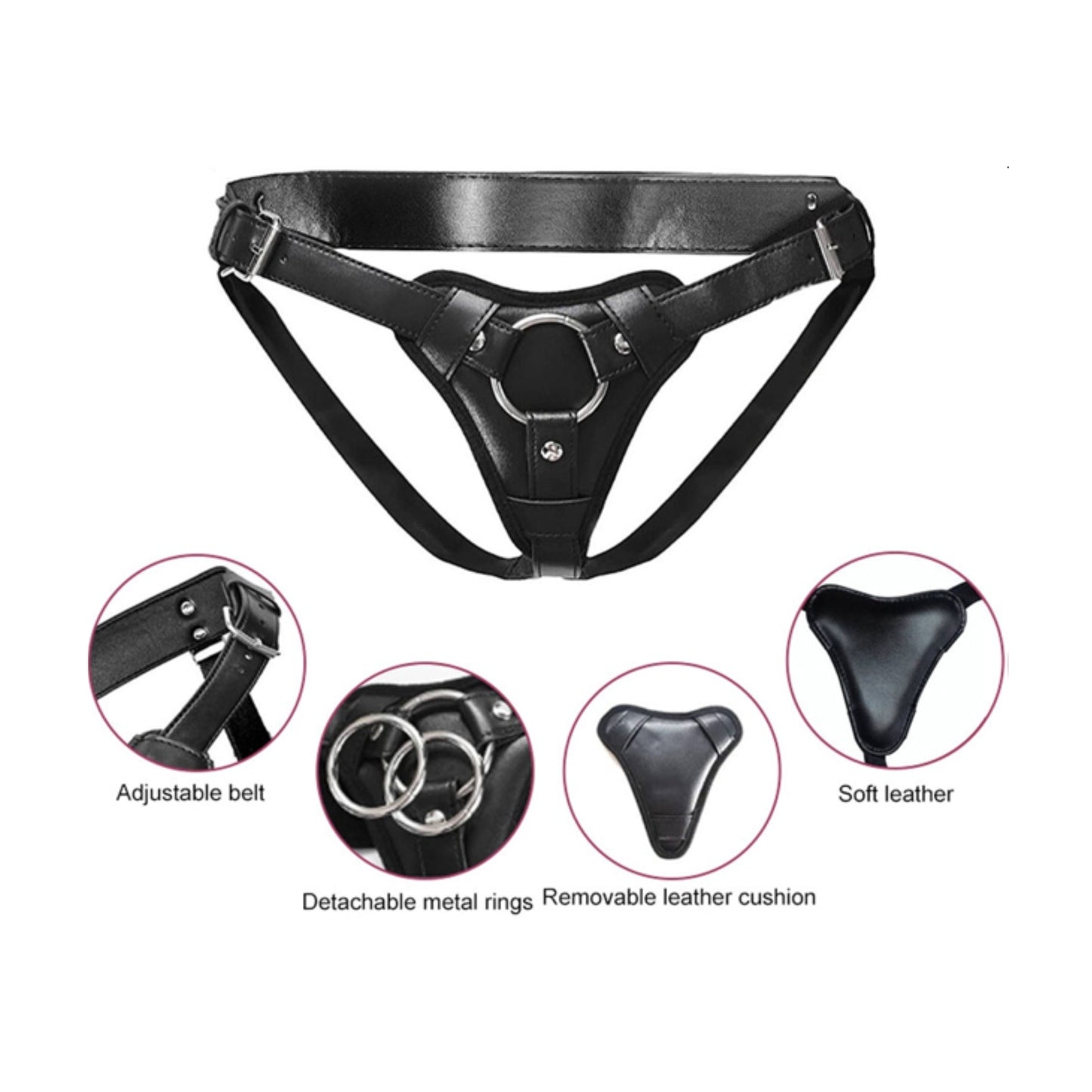 Strap-on harness showing adjustable waist and thigh straps
