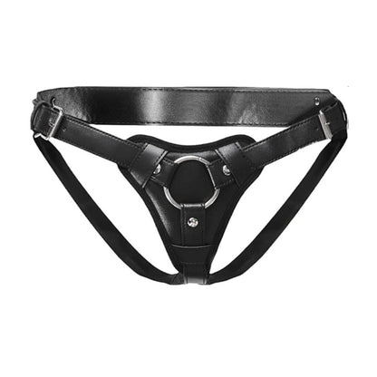 Strap-on harness with metal ring shown front view