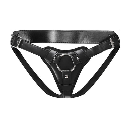 Strap-on harness with metal ring shown front view