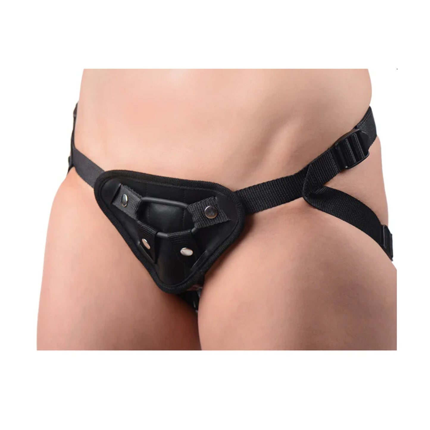 Black fleece lined strap-on harness front view on model