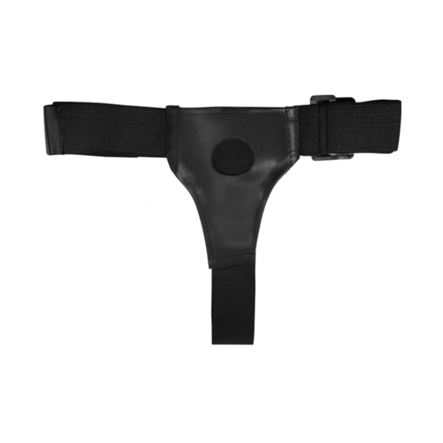 Black pull-on style strap-on harness shown laid flat