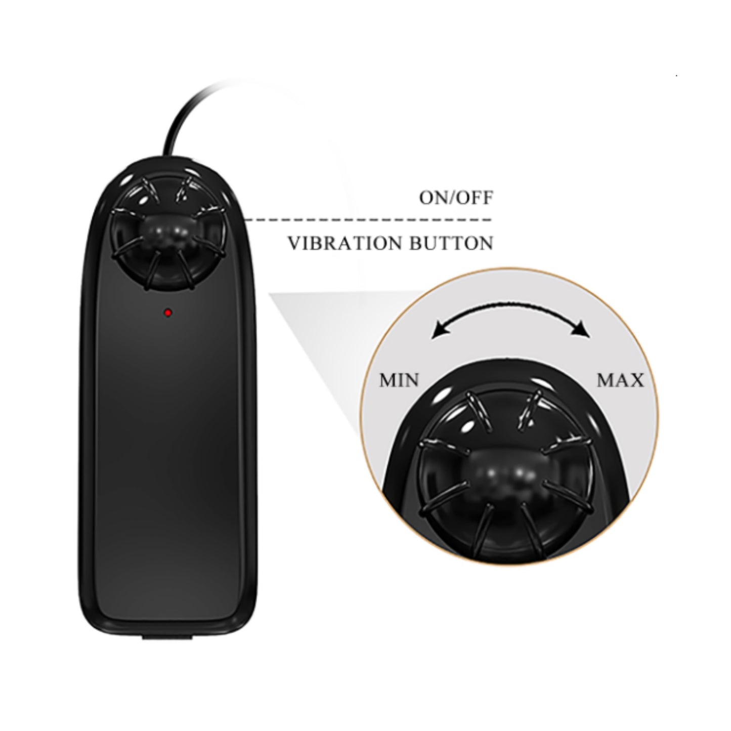 Close-up of wired remote control showing dial and indicator light