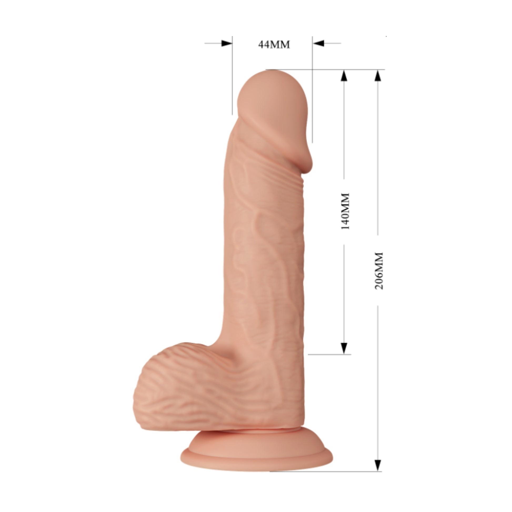 Side view of dildo showing full length and diameter measurements