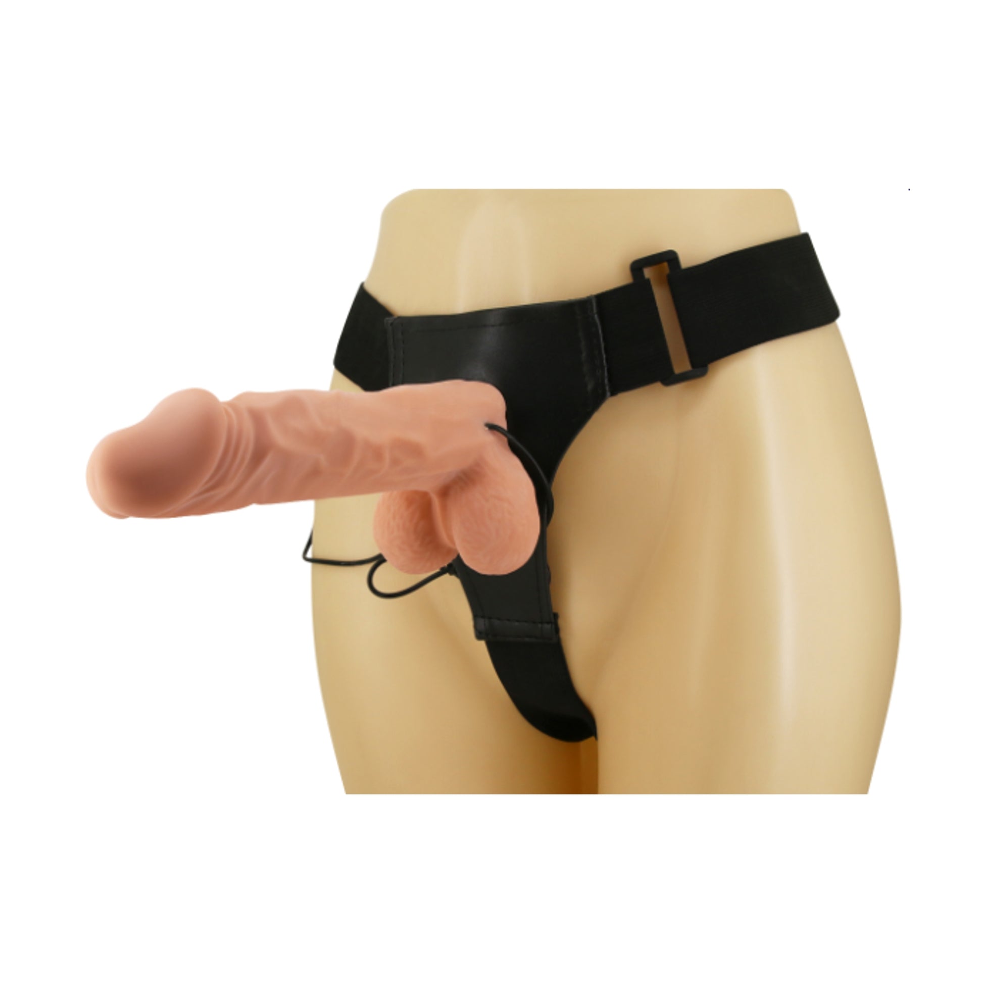 Strap-on harness and dildo shown on mannequin at slight angle