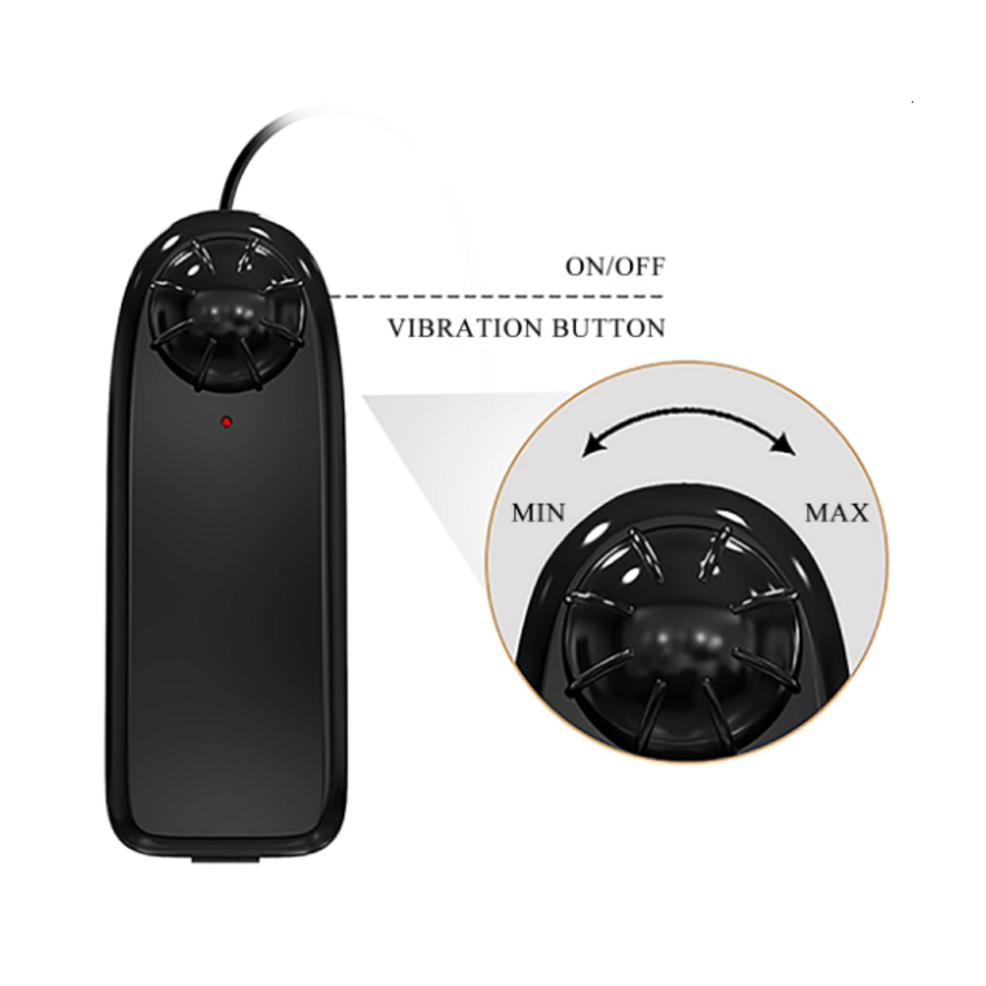 Close-up of wired remote control showing twist dial