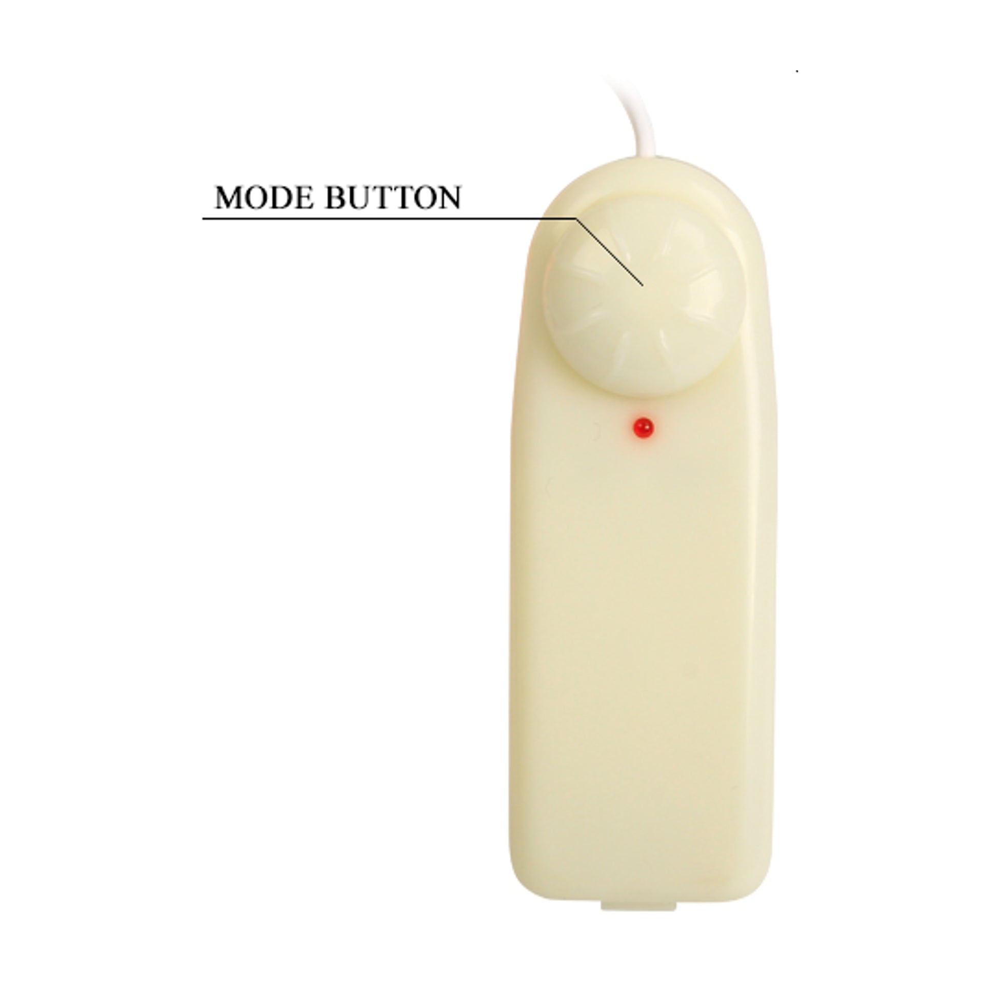 Close-up of wired remote control showing dial button