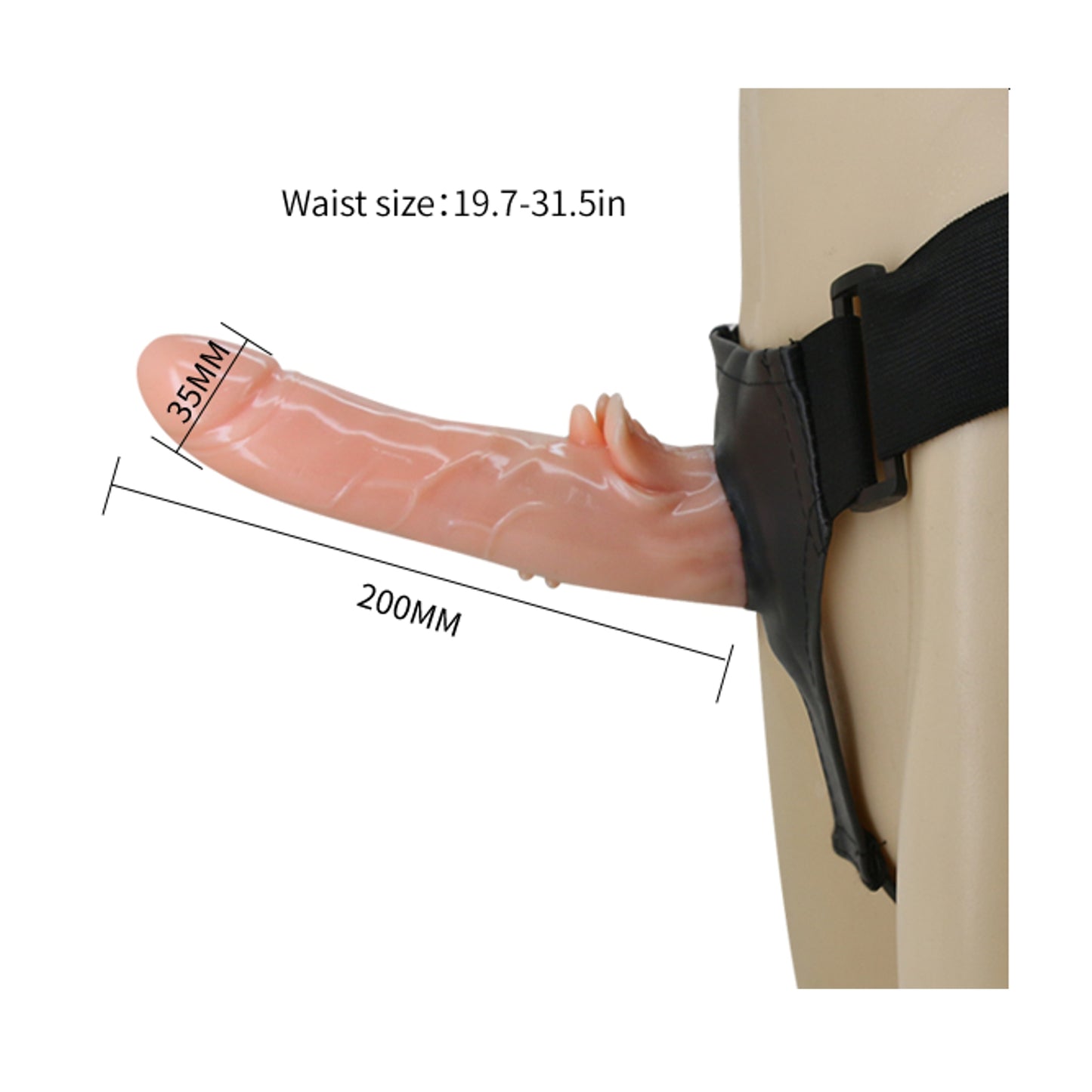 Side view showing dildo length, width, and adjustable waist range