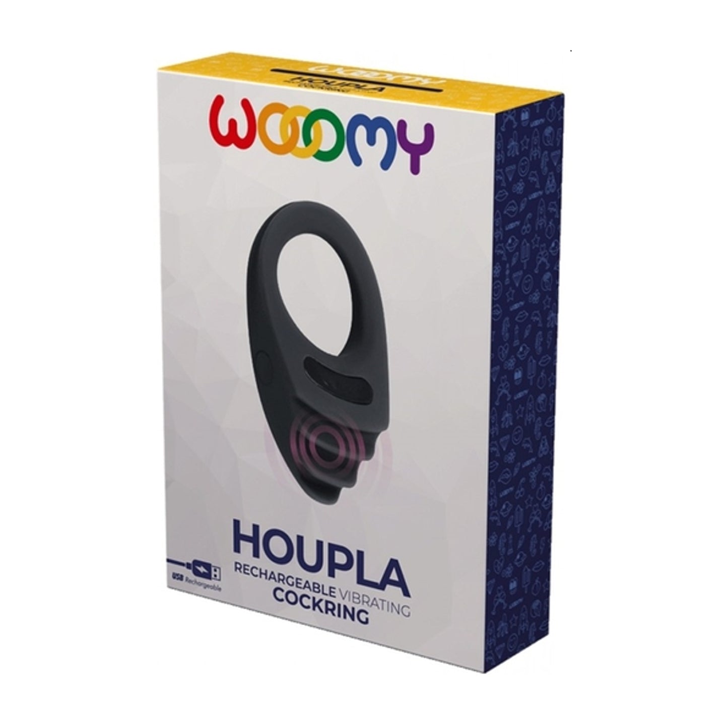 Retail packaging for Wooomy Houpla Rechargeable Vibrating Cockring showing product image