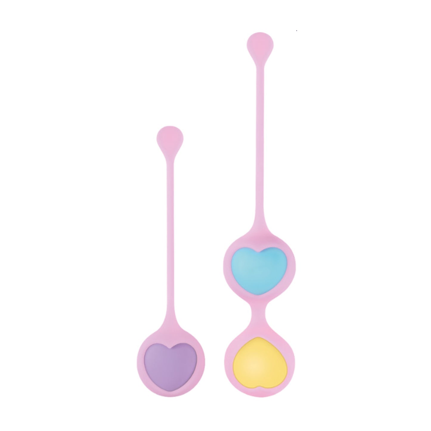 Two pink kegel balls with heart detail on white background