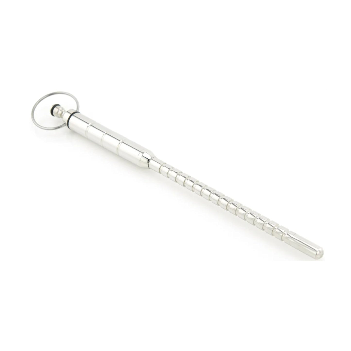 Angled view of the grooved stainless steel vibrating urethral sound