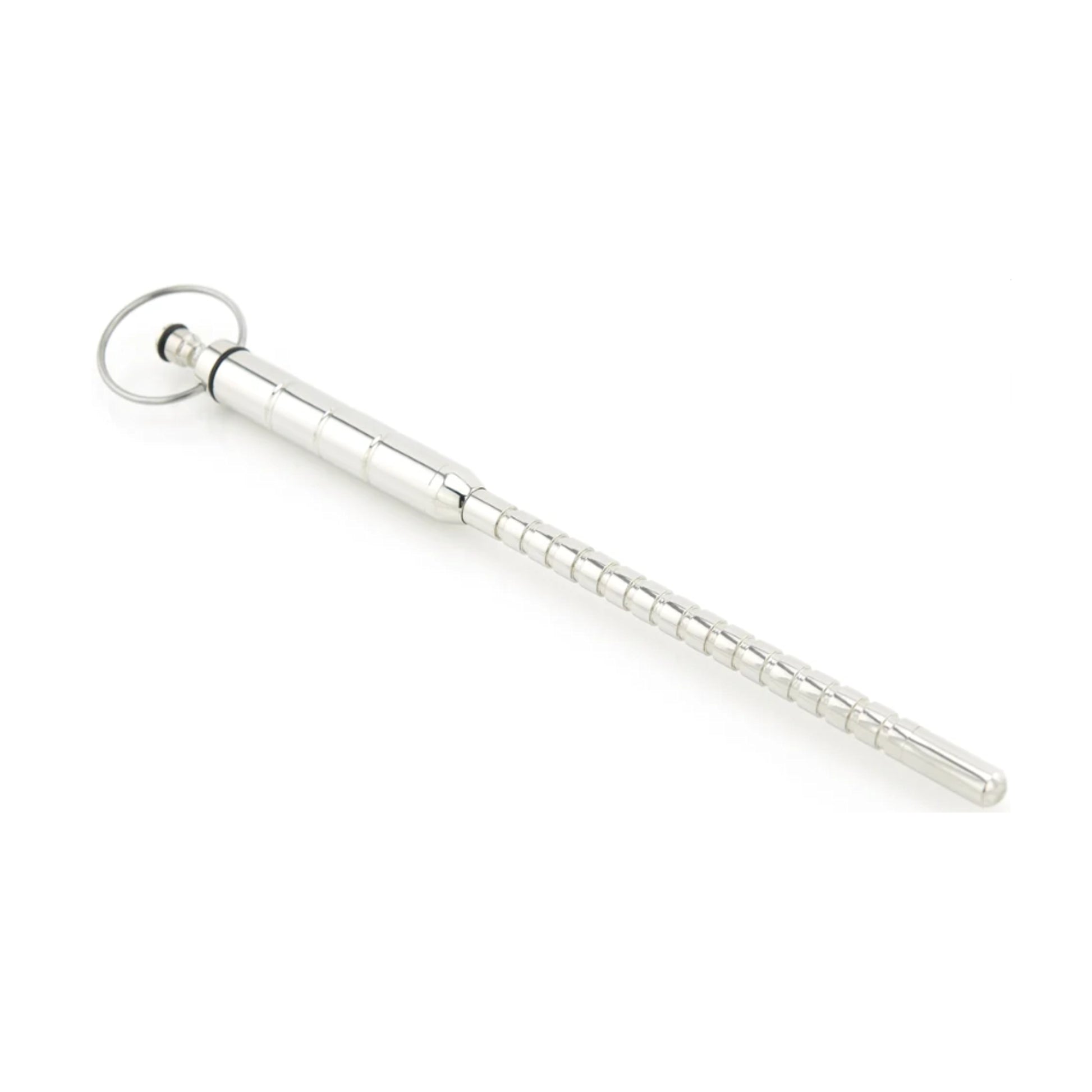 Angled view of the grooved stainless steel vibrating urethral sound
